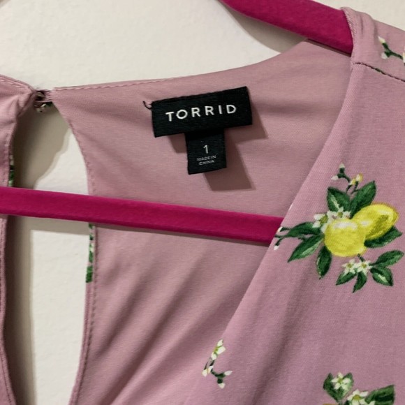 Torrid Midi Dress Size 1X Mauve Pink Lemon Novelty Print Challis Button Front - Picture 4 of 12